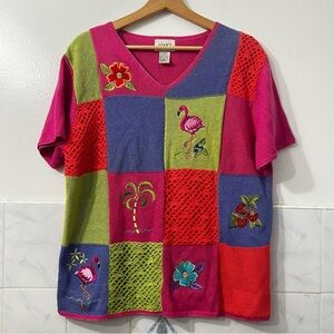 Vtg Jenny Knit Short Sleeve Sweater Women’s XL Boho Patchwork Grandmacore Nature